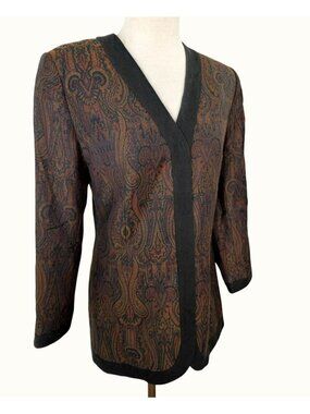 Vintage Don Caster Jewel Tones Wool Paisley Jacket Sz M Tag 12 Green Trim Blazer